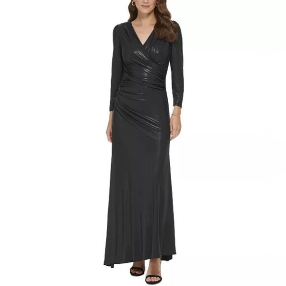 DKNY Dress Side Ruched Jersey Long V-neck Surplice Dress Faux Leather Look 6 NWT - Picture 1 of 16